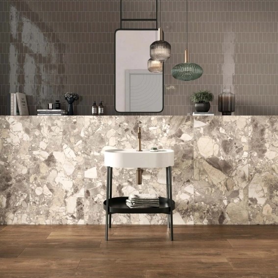 Keramische binnentegel CeraVision Glam Project Glamwood Noce 20x120x1cm - 129354 1 01074002 glam project copico brown 60x120 sfeer - 17679